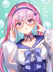 Rule 34 | 1girl, :o, absurdres, adjusting eyewear, ahoge, blue bow, blue choker, blue hair, blue hairband, blue ribbon, blue sailor collar, blunt bangs, blush, bow, bowtie, breasts, choker, colored inner hair, commentary request, frilled sailor collar, frills, furuki ayaginutaira, glasses, hairband, hands up, high-waist skirt, highres, hololive, jacket, long hair, long sleeves, looking at viewer, minato aqua, minato aqua (sailor), multicolored hair, notice lines, parted lips, pink hair, puffy long sleeves, puffy sleeves, purple eyes, ribbon, ribbon choker, sailor collar, semi-rimless eyewear, shirt, sidelocks, skirt, solo, virtual youtuber, white jacket, white shirt