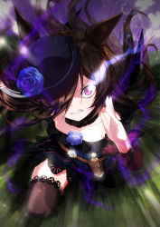 Rule 34 | 1girl, animal ears, blue dress, blue flower, blue hat, blue rose, bowler hat, brown hair, clenched teeth, dagger, dashing, dress, eye trail, flower, glowing, glowing eye, hair over one eye, hat, hat flower, highres, horse ears, knife, lace, lace-trimmed legwear, lace trim, light trail, long hair, long sleeves, looking at viewer, motion lines, off-shoulder dress, off shoulder, porurin, purple eyes, rice shower (umamusume), rose, running, sheath, sheathed, sleeveless, sleeveless dress, solo, teeth, thighhighs, umamusume, weapon