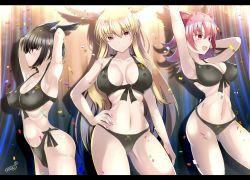 Rule 34 | 3girls, armpits, bikini, black bikini, black hair, blonde hair, breasts, cleavage, confetti, cowboy shot, fate/grand order, fate (series), female pubic hair, hand on own hip, highres, hildr (fate), large breasts, letterboxed, long hair, multicolored background, multiple girls, muni nuren, navel, nipples, nude, open mouth, ortlinde (fate), pink hair, pubic hair, pussy, red eyes, smile, swimsuit, take your pick, thrud (fate), valkyrie (fate)