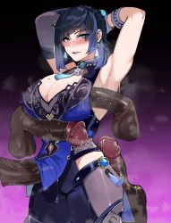 Rule 34 | 1girl, aqua eyes, armpits, arms behind head, arms up, black hair, black skin, blue hair, blush, bob cut, breasts, broken, broken chain, chain, cleavage, colored skin, dark-skinned male, dark skin, diagonal bangs, dice, feather collar, fur-trimmed jacket, fur trim, genshin impact, gradient hair, heart, heart-shaped pupils, highres, hilichurl (genshin impact), huge breasts, huge penis, interspecies, jacket, jewelry, large breasts, lightning glare, looking at viewer, mole, mole on breast, monster, multicolored hair, neck ring, nyantcha, pants, parted lips, penis, penis to breast, penis under another&#039;s clothes, smile, symbol-shaped pupils, tassel, tassel choker, tight clothes, tight pants, uncensored, waist cutout, yelan (genshin impact)