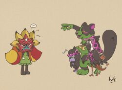 Rule 34 | ..., 1girl, 3boys, :3, animal ears, animal focus, artist request, bird, box, colored sclera, creatures (company), dog ears, fezandipiti, game freak, gen 9 pokemon, grin, holding, holding box, legendary pokemon, looking at another, mask, multiple boys, munkidori, nintendo, no humans, ogerpon, ogerpon (hearthflame mask), okidogi, pokemon, pokemon (creature), simple background, smile, standing, wings, yellow sclera
