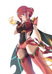 Rule 34 | 1girl, absurdres, aegis sword (xenoblade), breasts, breath weapon, breathing fire, covered erect nipples, dangle earrings, earrings, fingerless gloves, fire, gloves, headpiece, highres, holding, holding sword, holding weapon, impossible clothes, jewelry, large breasts, lom (lom lom 8), looking at viewer, micro shorts, one eye closed, pyra (xenoblade), red eyes, red hair, red shorts, shorts, simple background, skin tight, solo, swept bangs, sword, thighhighs, tiara, weapon, white background, xenoblade chronicles (series), xenoblade chronicles 2