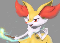 Rule 34 | 1girl, animal ears, animal nose, blue fire, body fur, braixen, creatures (company), eryz, fangs, female focus, fire, flat chest, fox ears, fox girl, fox tail, furry, furry female, game freak, gen 6 pokemon, grey background, hand up, happy, highres, holding, holding stick, jpeg artifacts, nintendo, open mouth, pokemon, pokemon (creature), red eyes, simple background, sketch, smile, snout, solo, standing, stick, tail, two-tone fur, upper body, white fur, yellow fur
