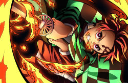 Rule 34 | 1boy, absurdres, belt, belt buckle, buckle, burn mark, clenched teeth, facial scar, fire, haori, highres, holding, holding sword, holding weapon, isami don, jacket, japanese clothes, kamado tanjirou, katana, kimetsu no yaiba, long sleeves, looking at viewer, male focus, official style, orange jacket, red eyes, red hair, scar, scar on cheek, scar on face, scar on forehead, solo, sword, teeth, weapon, white belt