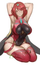 Rule 34 | 1girl, armpits, arms behind head, bodysuit, breasts, cape, hair between eyes, hands up, large breasts, looking at viewer, medium hair, nextoad, pyra (xenoblade), red hair, red legwear, sidelocks, thick thighs, thighs, tiara, watermark, xenoblade chronicles (series), xenoblade chronicles 2