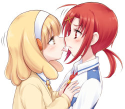 Rule 34 | 10s, 2girls, blonde hair, blush, commentary request, from side, hairband, hands on another&#039;s chest, hino akane (smile precure!), kise yayoi, multiple girls, necktie, ponytail, precure, red eyes, red hair, simple background, smile precure!, suzushiro yukari, tongue, tongue out, white background, white hairband, yellow eyes, yuri