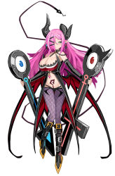 Rule 34 | 1girl, ashmedia, bare shoulders, bat wings, beads, between breasts, blush, body blush, boots, breasts, buckle, cleavage, collar, demon girl, demon horns, demon tail, detached sleeves, earrings, expressionless, fishnet pantyhose, fishnets, full body, gem, green eyes, groin, hair ornament, hair over one eye, hairclip, half-closed eyes, highres, holding, horns, jewelry, knee boots, large breasts, legs together, long hair, looking at viewer, low wings, makai shin trillion, mars symbol, nanameda kei, navel, official art, pantyhose, parted bangs, parted lips, pink hair, pointy ears, pubic tattoo, purple hair, purple pantyhose, sidelocks, simple background, slit pupils, solo, standing, tail, tattoo, thigh gap, venus symbol, very long hair, white background, wings