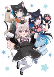 3girls :3 :d animal_ear_fluff animal_ears animal_hands apron asymmetrical_sidelocks binchou_maguro black_dress black_hair black_jacket black_shoes blue_apron blue_bow blue_eyes blue_hair blue_ribbon blue_shoes blue_thighhighs bow bowtie brown_jacket cat_day cat_ears cat_girl cat_tail cevio closed_mouth colored_inner_hair commentary_request dress frilled_apron frilled_dress frills full_body futaba_minato gloves green_eyes green_socks grey_hair hair_between_eyes hair_bow hair_ribbon highres jacket kemonomimi_mode long_hair long_sleeves looking_at_viewer mary_janes miyamai_moca multicolored_hair multiple_girls neck_ribbon open_clothes open_jacket open_mouth orange_bow orange_bowtie pantyhose parted_bangs paw_gloves paw_pose pink_eyes polka_dot polka_dot_background red_ribbon ribbon sayo_(voicevox) shoes short_hair sleeves_past_fingers sleeves_past_wrists smile socks star_(symbol) striped_clothes striped_thighhighs tail tail_bow tail_ornament thighhighs voicepeak white_background white_bow white_pantyhose wing_collar