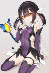 Rule 34 | 1girl, absurdres, bare shoulders, black hair, blunt bangs, blush, boots, breasts, brown hair, commentary request, detached sleeves, fate/grand order, fate/kaleid liner prisma illya, fate (series), feathers, grey background, hair between eyes, hair ornament, hair ribbon, hairclip, hand up, highres, kaleidostick, leotard, long hair, long sleeves, looking at viewer, magical girl, magical sapphire, miyu edelfelt, nyatabe, orange eyes, parted lips, purple leotard, purple thighhighs, ribbon, simple background, sitting, sleeves past wrists, small breasts, solo, thighhighs, twintails, wand, wariza, white footwear, white ribbon, x hair ornament