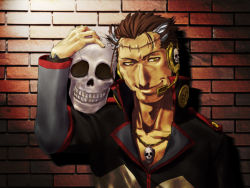 Rule 34 | 1boy, big al, brick wall, brown hair, headset, jewelry, male focus, namahamu banana, necklace, popped collar, scar, skull, skull necklace, smile, solo, stitches, vocaloid, yellow eyes