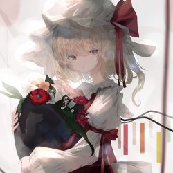 Rule 34 | 1girl, agasa (akasa anodan), arm ribbon, blonde hair, blouse, bouquet, bow, commentary, flandre scarlet, flower, frilled shirt collar, frills, hat, hat ribbon, highres, holding, holding bouquet, long sleeves, looking at viewer, medium hair, mob cap, one side up, orange flower, pink eyes, puffy long sleeves, puffy sleeves, rectangle, red flower, red ribbon, ribbon, shirt, slit pupils, solo, touhou, upper body, waist bow, white bow, white flower, white hat, white shirt, wings