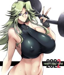 Rule 34 | 1girl, breasts, dumbbell, exercise, green hair, haganef, highres, huge breasts, lamia loveless, long hair, midriff, super robot wars, super robot wars original generation, weight, weightlifting