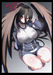 Rule 34 | 1girl, black border, black choker, black hair, blue archive, blue jacket, blue shorts, blush, border, breasts, choker, erory6 (ro), feathered wings, gym uniform, hair between eyes, halo, hasumi (blue archive), hasumi (track) (blue archive), highres, jacket, large breasts, long hair, long sleeves, looking at viewer, official alternate costume, ponytail, red eyes, shirt, short shorts, shorts, simple background, sleeves past wrists, solo, sweat, very long hair, white shirt, wings