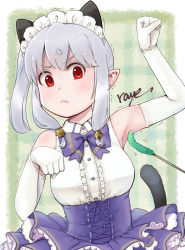 Rule 34 | 1girl, :&lt;, anger vein, animal ears, armpits, artist name, artist request, bare shoulders, bell, bow, bowtie, center frills, commentary request, corset, elbow gloves, fake animal ears, frills, gloves, grey hair, hair bell, hair ornament, hand up, high-waist skirt, highres, jingle bell, long hair, looking at viewer, maid headdress, murakami kou (raye), original, paw pose, pointy ears, purple bow, purple bowtie, purple skirt, red eyes, shirt, simple background, skirt, sleeveless, sleeveless shirt, solo, sweat, tickling, tickling armpits, trembling, v-shaped eyebrows, white gloves, white shirt