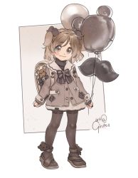 Rule 34 | 1girl, animal ears, backpack, bag, balloon, black footwear, black pantyhose, blush stickers, brown eyes, brown hair, closed mouth, commentary, dog ears, english commentary, facial hair, girutea, grey background, grey jacket, hair between eyes, highres, holding, holding balloon, jacket, long sleeves, mustache, original, pantyhose, randoseru, shoes, signature, sleeves past wrists, smile, solo, standing, two-tone background, white background
