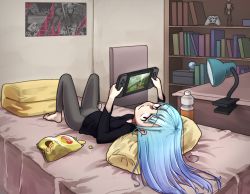 Rule 34 | 1girl, bad id, bad pixiv id, barefoot, bed, bed sheet, bedroom, blue hair, bottle, chips (food), controller, death (entity), desk, desk lamp, food, game controller, gradient hair, handheld game console, indoors, jitome, joy-con, k.blank, knees up, lamp, leggings, long hair, long sleeves, looking at viewer, lying, md5 mismatch, multicolored hair, nintendo, nintendo switch, on back, original, pillow, playing games, poster (object), potato chips, skull, smile, snow globe, solo, sweater, the legend of zelda, the legend of zelda: breath of the wild, upside-down, watch dogs, watch dogs 2