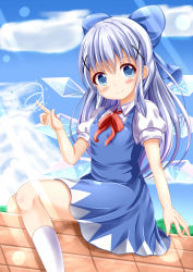 Rule 34 | alternate costume, blue bow, blue eyes, blue hair, blush, bow, cirno, cirno (cosplay), closed mouth, cosplay, gochuumon wa usagi desu ka?, hair bow, hair ornament, highres, ice, ice wings, kafuu chino, kneehighs, long hair, looking at viewer, name connection, puffy short sleeves, puffy sleeves, red ribbon, ribbon, short sleeves, sitting, smile, socks, solo, touhou, white socks, wings, x hair ornament, xenon (for achieve)