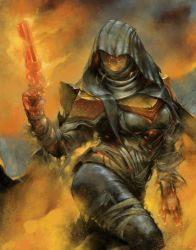Rule 34 | 1girl, arm up, armor, breasts, brian moncus, cable, cloak, destiny (game), female focus, fire, flaming weapon, gun, head tilt, helmet, highres, holding, holding gun, holding weapon, hood, hooded cloak, hunter (destiny), signature, solo, weapon
