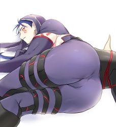 Rule 34 | 1boy, arm tattoo, ass, ass focus, blue hair, bulge, cu chulainn (fate), cu chulainn (fate) (all), cu chulainn (fate/stay night), cu chulainn alter (fate), cu chulainn alter (fate/grand order), detached sleeves, dragon tail, fate/grand order, fate (series), highres, hood, hood up, lancer, leggings, long hair, lying, male focus, muscular, muscular male, on side, ponytail, purple leggings, red eyes, seum (kao husband), solo, tail, tattoo, thighs, white background