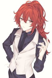 Rule 34 | 1boy, antenna hair, bad id, bad twitter id, black necktie, black shirt, diluc (genshin impact), genshin impact, hair between eyes, hand on own hip, highres, hotta mskz, long hair, long sleeves, male focus, necktie, ponytail, red eyes, red hair, shirt, simple background, solo, vest, white background, white vest
