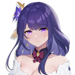 Rule 34 | 1girl, bare shoulders, bow, bowtie, breasts, cleavage, commentary request, detached collar, fangai-anmian, genshin impact, highres, long hair, looking at viewer, medium breasts, off-shoulder shirt, off shoulder, portrait, purple eyes, purple hair, raiden shogun, red bow, red bowtie, shirt, simple background, smile, solo, white background, white shirt
