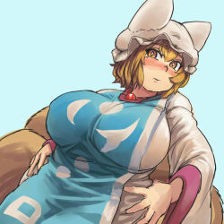 Rule 34 | 1girl, alternate eye color, animal hat, blue background, blush, breasts, brown eyes, chanta (ayatakaoisii), cowboy shot, dress, fat, fox tail, hair between eyes, hand on own stomach, hat, huge breasts, large breasts, long sleeves, looking at viewer, mob cap, multiple tails, perspective, mob cap, plump, short hair, sideways glance, simple background, solo, tabard, tail, touhou, white dress, wide sleeves, yakumo ran