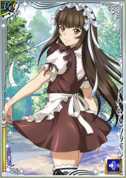 Rule 34 | 1girl, blouse, blunt bangs, breasts, brown eyes, brown hair, card (medium), cowboy shot, day, dress, female focus, garter straps, hairband, hime cut, ikkitousen, long hair, looking back, outdoors, pinafore dress, shiny skin, shirt, sky, sleeveless dress, small breasts, smile, solo, sparkle, standing, ten&#039;i (ikkitousen), thighhighs, very long hair, white shirt