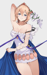 Rule 34 | 1girl, armpits, blue eyes, blush, breasts, cleavage, collarbone, commentary, daweykun, dress, europa (granblue fantasy), granblue fantasy, grey background, hair between eyes, highres, looking at viewer, medium breasts, short hair, simple background, sleeveless, sleeveless dress, smile, solo, thighs, tiara, twitter username, white dress