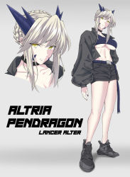 Rule 34 | 1girl, absurdres, artoria pendragon (fate), artoria pendragon (lancer alter) (fate), bad id, bad pixiv id, breasts, character name, choker, cleavage, collarbone, commentary request, eyes visible through hair, fate/grand order, fate (series), full body, grey background, grey hair, hair between eyes, hair bun, highres, jacket, koujiro (kouziro 1), large breasts, long sleeves, looking at viewer, midriff, multiple views, navel, shorts, simple background, single hair bun, standing, stomach, underboob, yellow eyes