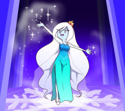 Rule 34 | 1girl, adventure time, blue skin, breasts, colored skin, cosplay, crown, dress, elsa (frozen), elsa (frozen) (cosplay), eyebrows, frozen (disney), happy, high heels, ice queen (adventure time), long hair, nollety, solo, very long hair, white hair