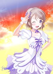Rule 34 | 1girl, artist name, artist request, back bow, blue eyes, blush, bow, braid, breasts, brightest melody, choker, cloud, collarbone, dress, female focus, flower, grey hair, hair flower, hair ornament, hairbraid, hand on own hip, highres, light brown hair, looking at viewer, love live!, love live! sunshine!!, nanase tatsuki (aurora illusion), one eye closed, orange sky, outdoors, puffy short sleeves, puffy sleeves, purple bow, ribbon, salute, short hair, short sleeves, skirt, sky, small breasts, smile, solo, watanabe you, white choker, white dress, white skirt, white wrist cuffs, wrist cuffs