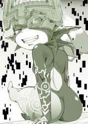 Rule 34 | 1girl, ass, highres, huge ass, looking back, midna, monochrome, nintendo, pointy ears, syakekare, the legend of zelda, the legend of zelda: twilight princess, thick thighs, thighs