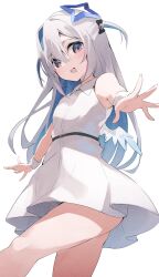 Rule 34 | 1girl, amane kanata, angel, angel wings, belt, black belt, blue hair, breasts, collared dress, colored inner hair, dress, fragir, grey hair, hair intakes, halo, highres, hololive, long hair, looking at viewer, multicolored hair, open mouth, purple eyes, sleeveless, sleeveless dress, small breasts, smile, solo, star halo, two side up, virtual youtuber, white background, white dress, wings