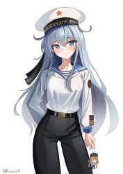 1girl alternate_costume black_pants blue_eyes blue_sailor_collar character_doll dimos_(dawn_1945) grey_hair hat hibiki_(kancolle) highres kantai_collection long_hair pants sailor_collar sailor_shirt shirt simple_background solo soviet_navy tashkent_(kancolle) verniy_(kancolle) white_background white_hat white_shirt