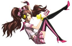 Rule 34 | 1girl, brown eyes, brown hair, cassette tape, gloves, headphones, high heels, highres, kujikawa rise, looking at viewer, official art, persona, persona 4, persona 4: dancing all night, persona dancing, simple background, single glove, skirt, soejima shigenori, solo, thighhighs, twintails, white background