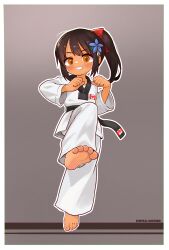 Rule 34 | 1girl, absurdres, artist name, barefoot, belt, black belt, blue flower, border, bow, brown hair, canadian flag, chinese commentary, clenched hand, commentary request, dougi, feet, flower, grey background, hair bow, hair flower, hair ornament, high ponytail, highres, kuma-bound, looking at viewer, martial arts belt, medium hair, orange eyes, original, pants, red bow, simple background, smile, soles, standing, standing on one leg, tan, teeth, white border, white pants