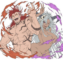Rule 34 | 1boy, 1girl, abs, body markings, breasts, completely nude, dark-skinned female, dark skin, fediel (granblue fantasy), granblue fantasy, grey hair, highres, horns, large breasts, long hair, looking at viewer, multicolored hair, muscular, muscular male, navel, nipples, nude, one eye closed, open mouth, purple eyes, red eyes, red hair, smile, two-tone hair, v, white hair, wilnas (granblue fantasy), zanki