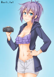 Rule 34 | 1girl, alternate costume, anti (untea9), aoba (kancolle), bikini, blue background, blue eyes, blue jacket, blue scrunchie, breasts, camcorder, cleavage, collarbone, hair ornament, hair scrunchie, hand on own hip, highres, hood, hooded jacket, hoodie, jacket, kantai collection, navel, open clothes, open jacket, ponytail, purple bikini, purple hair, scrunchie, shorts, small breasts, solo, swimsuit, twitter username, video camera, white shorts