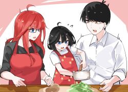 Rule 34 | 1boy, 2girls, aged up, ahoge, antenna hair, apron, black-framed eyewear, black hair, black shirt, blue eyes, blush, breasts, child, collared shirt, commentary, cooking, double-parted bangs, eyebrows hidden by hair, family, father and daughter, flying sweatdrops, glasses, go-toubun no hanayome, hair between eyes, hair ornament, highres, if they mated, large breasts, long hair, long sleeves, looking at another, looking at object, mame1645, medium hair, mother and daughter, multiple girls, nakano itsuki, nose, open mouth, red apron, red hair, shirt, short hair, short sleeves, sidelocks, simple background, skirt, star (symbol), star hair ornament, star print, struggling, sweatdrop, swept bangs, table, teeth, uesugi fuutarou, upper teeth only, white background, white skirt, yellow eyes