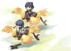 Rule 34 | 00s, 1boy, 1girl, ahoge, bag, beak, black eyes, black hair, chocobo, feathered wings, final fantasy, final fantasy xi, from above, from side, full body, handbag, ikusabe lu, looking at viewer, looking to the side, open mouth, outdoors, riding, short hair, talons, tarutaru, upper body, wings