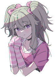 Rule 34 | 1girl, absurdres, black choker, bow, choker, closed mouth, commentary request, elbow gloves, fingerless gloves, gloves, green hair, hands up, highres, kusanagi nene, long hair, looking at viewer, low-tied sidelocks, pink bow, pjmiyo, project sekai, purple eyes, short sleeves, short twintails, simple background, solo, split mouth, striped clothes, striped gloves, twintails, upper body, white background