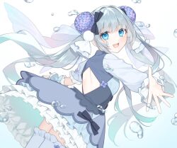 Rule 34 | 1girl, :d, black bow, blue dress, blue eyes, bow, clothing cutout, dress, flower, frills, gradient background, grey hair, hair bow, hair flower, hair ornament, highres, hydrangea, long hair, long sleeves, looking at viewer, looking back, open mouth, original, outstretched arms, puffy sleeves, purple flower, smile, solo, teeth, thighhighs, twintails, very long hair, water drop, white background, white thighhighs, yachishi orca