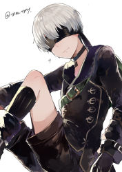 Rule 34 | 1boy, bad id, bad tumblr id, belt, black footwear, black gloves, black jacket, black shorts, black socks, blindfold, boots, closed mouth, commentary request, covered eyes, facing viewer, feet out of frame, gloves, grey hair, heart, highres, ikeuchi tanuma, jacket, male focus, nier:automata, nier (series), short hair, shorts, simple background, sitting, smile, socks, solo, white background, 9s (nier:automata)