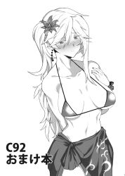 Rule 34 | 1girl, alternate costume, alternate hairstyle, arm behind back, bikini, blush, breasts, closed mouth, collarbone, earrings, fingernails, flower, fuantei, greyscale, hair between eyes, hair flower, hair ornament, hand up, highres, jewelry, junko (touhou), large breasts, lily (flower), looking at viewer, monochrome, nail polish, navel, ponytail, side ponytail, simple background, single sidelock, smile, solo, standing, swimsuit, tassel, tassel earrings, touhou, wrist cuffs