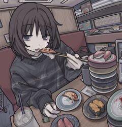 1girl absurdres androgynous brown_hair chopsticks conveyor_belt_sushi dot_nose drink drinking_straw eating fish_(food) fisheye food food_on_face grey_eyes gudon_udon gunkanmaki half-closed_eyes highres holding holding_chopsticks indoors messy_hair mole mole_under_eye muted_color nigirizushi open_mouth original plate plate_stack sleeves_past_wrists slovenly solo sushi sweater