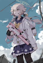 Rule 34 | 1girl, absurdres, assault rifle, azana, backpack, bag, black pantyhose, blue archive, blue sailor collar, blue skirt, bullpup, cardigan, feet out of frame, gun, hair between eyes, halo, hifumi (blue archive), highres, holding, holding gun, holding weapon, l85, light brown hair, long hair, long sleeves, low twintails, open mouth, pantyhose, pleated skirt, rifle, sailor collar, skirt, solo, twintails, weapon, white cardigan, yellow eyes, yellow halo