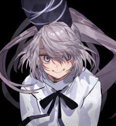 1girl bad_id bad_twitter_id black_background black_hat black_ribbon closed_mouth commentary eyebrows_hidden_by_hair floating_hair grey_eyes grey_hair hair_between_eyes hat japanese_clothes kariginu long_hair looking_at_viewer marimo_tarou mononobe_no_futo neck_ribbon one-hour_drawing_challenge ponytail ribbon simple_background smile solo tate_eboshi touhou upper_body very_long_hair