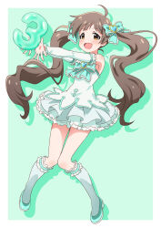 Rule 34 | 1girl, :d, ahoge, armpits, balloon, bare shoulders, blush, border, bow, brown eyes, brown hair, commentary request, countdown, detached sleeves, dress, frilled bow, frilled dress, frilled sleeves, frilled socks, frills, full body, goma konbu, green background, green bow, green footwear, green theme, green trim, hair bow, hair ornament, hakozaki serika, hands up, heart, heart hair ornament, highres, holding, holding balloon, idolmaster, idolmaster million live!, kneehighs, knees together feet apart, lone nape hair, long hair, long sleeves, looking at viewer, looking to the side, number balloon, open mouth, outside border, outstretched arms, petticoat, raised eyebrows, shadow, short dress, sleeveless, sleeveless dress, smile, socks, solo, spread fingers, swept bangs, tareme, thighs, twintails, very long hair, white border, white dress, white sleeves, white socks