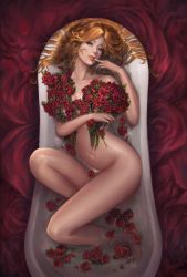 Rule 34 | 1girl, absurdres, arched back, bad id, bad pixiv id, bath, bathing, bathtub, blonde hair, blue eyes, collarbone, finger to mouth, flower, from above, highres, jagercoke, lips, long hair, long legs, looking at viewer, navel, nude, partially submerged, rose, solo