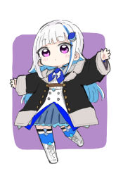 Rule 34 | 1girl, black jacket, blue hair, blue skirt, blue thighhighs, blush, boots, borrowed clothes, chibi, closed mouth, commentary, cross-laced footwear, full body, hair ornament, hairclip, jacket, knee boots, lace-up boots, lize helesta, long hair, long sleeves, multicolored hair, nijisanji, nozo (hitomiz), open clothes, open jacket, pleated skirt, purple background, purple eyes, shirt, skirt, solo, standing, standing on one leg, streaked hair, thighhighs, thighhighs under boots, two-tone background, very long hair, virtual youtuber, white background, white footwear, white hair, white shirt, wide sleeves